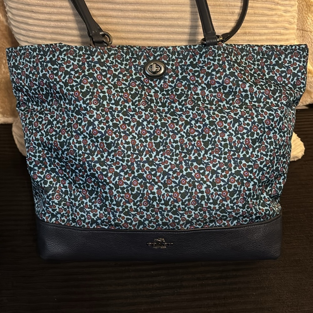 Coach Ranch Floral Nylon and Navy Pebble Leather Tote